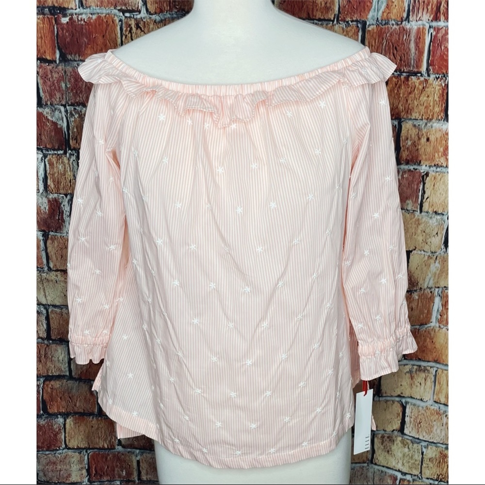 NWT ELLE Peach White Striped Off The Shoulder Blouse Women’s Embroidered Stars